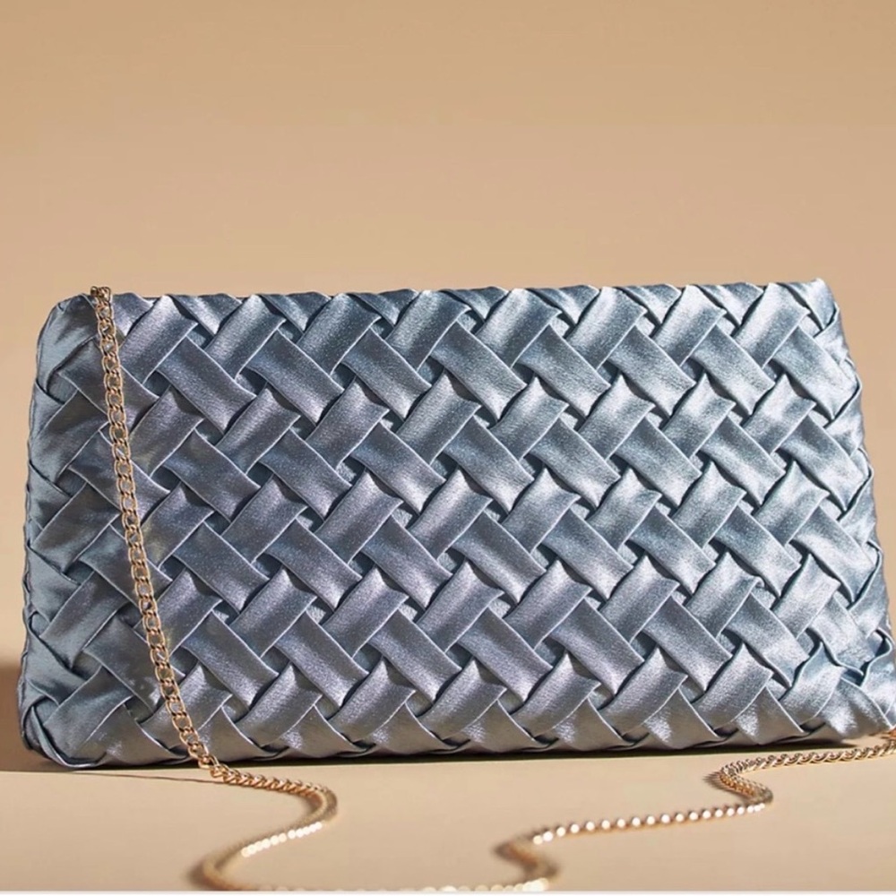 Anthropologie Blue Woven Clutch with Removable Gold Chain